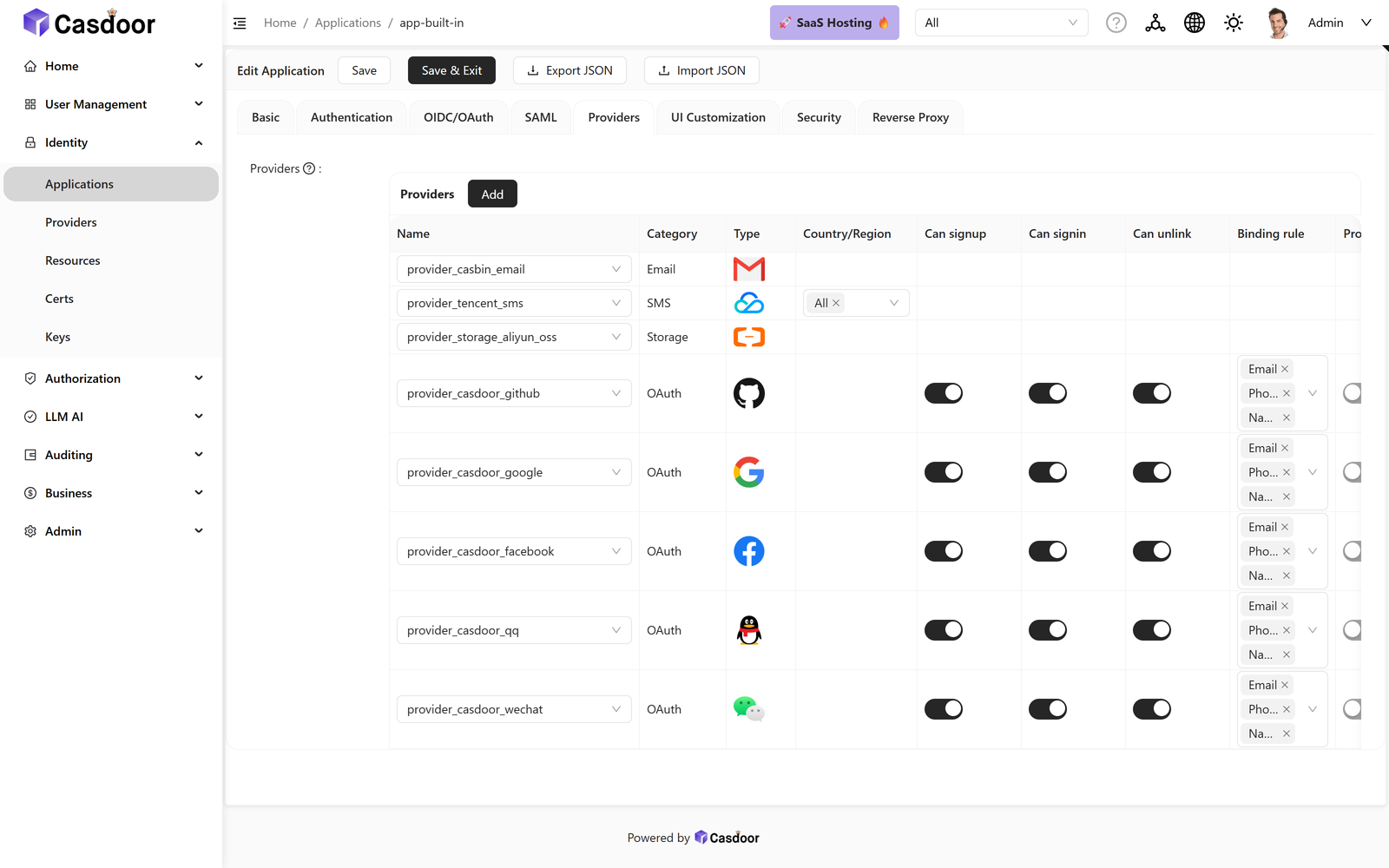 Casdoor application settings, Providers tab, with per-provider signup, signin and unlink toggles