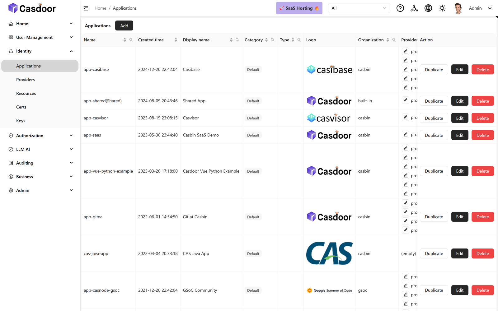 Casdoor applications list showing several applications with their organizations and providers