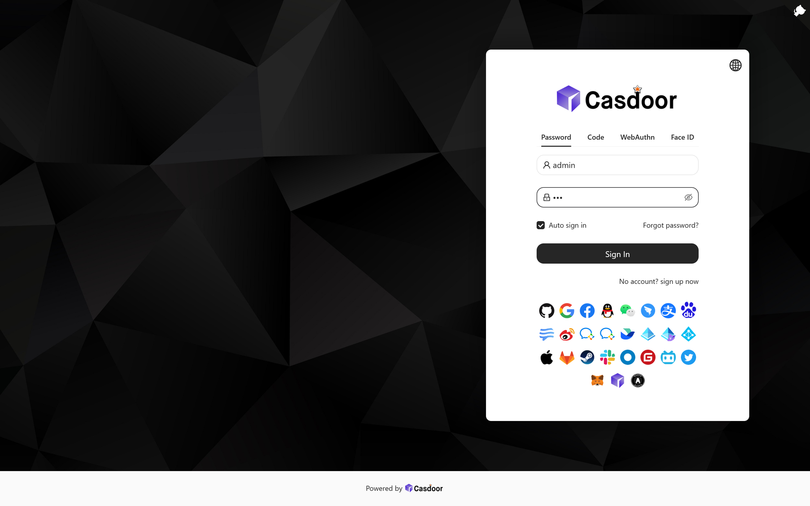Casdoor sign-in page with password, code, WebAuthn and Face ID tabs and social login icons